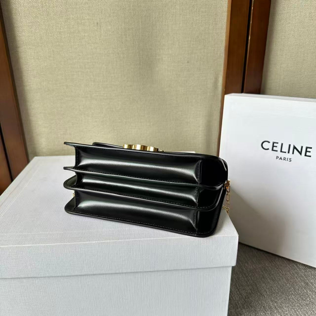 Celine Triomphe Chain Bag in Shiny Calfskin — Black