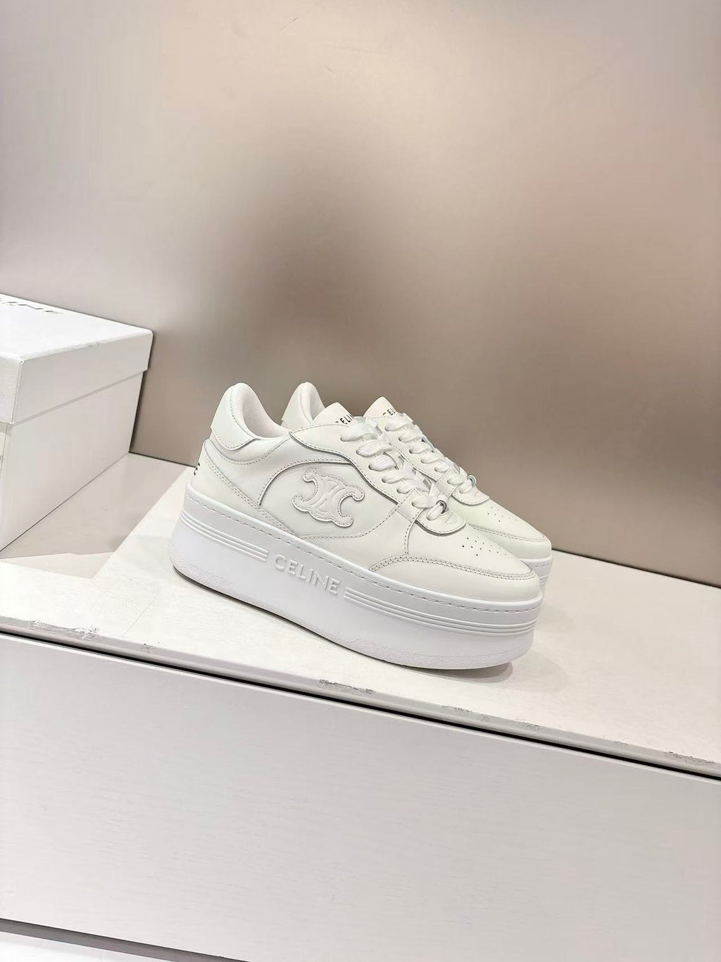 CELINE Triomphe Embellished Wedge Low-Top Sneakers — Women's Optical White