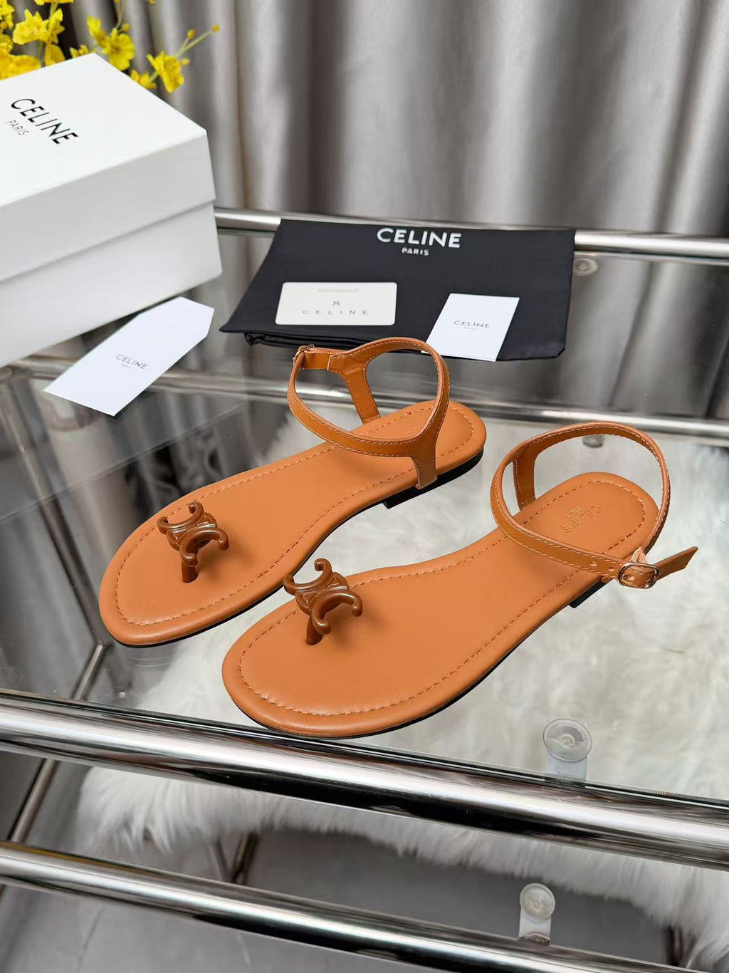 CELINE Triomphe Flat Thong Sandals — Brown
