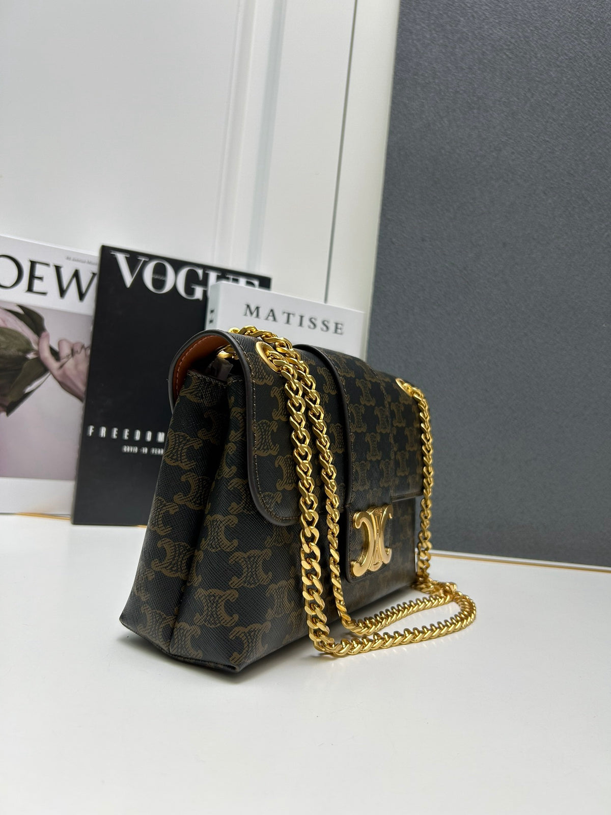CELINE Triomphe Bag with Metal Logo in Brown