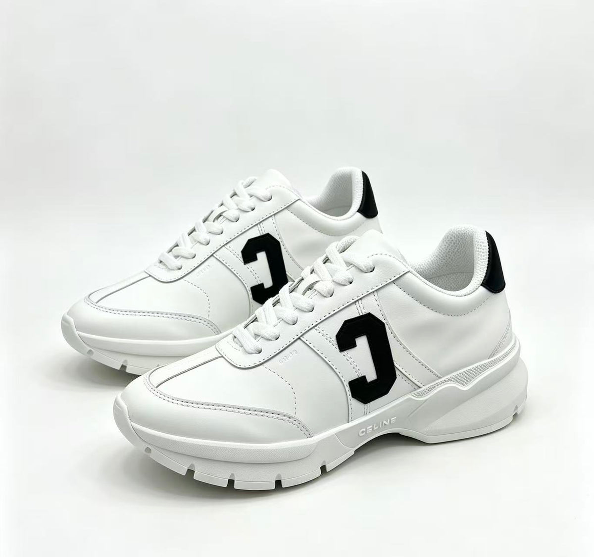 Celine CR-02 Runner Low-Top Lace-Up Sneakers in Calfskin — White with "C" Leather Detail