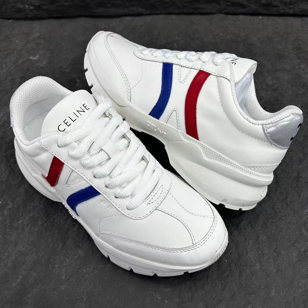 Celine CR-02 Runner Low-Top Lace-Up Sneakers in Calfskin — Red & Blue Stripe