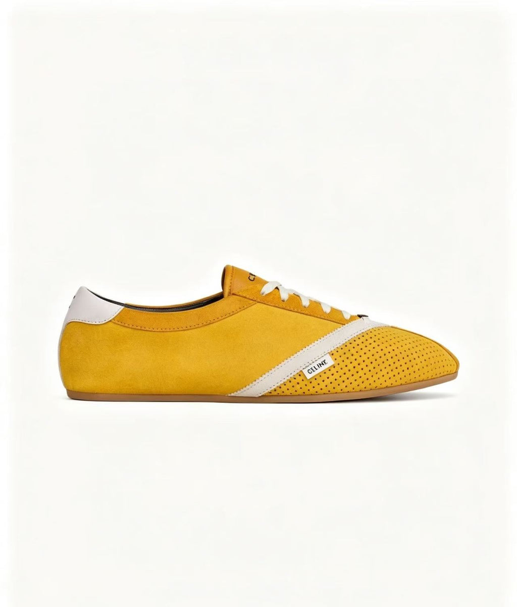 CELINE THE FLAT Women's Suede Calfskin Lace-Up Low-Top Casual Shoes | Yellow & White | EU 35-41