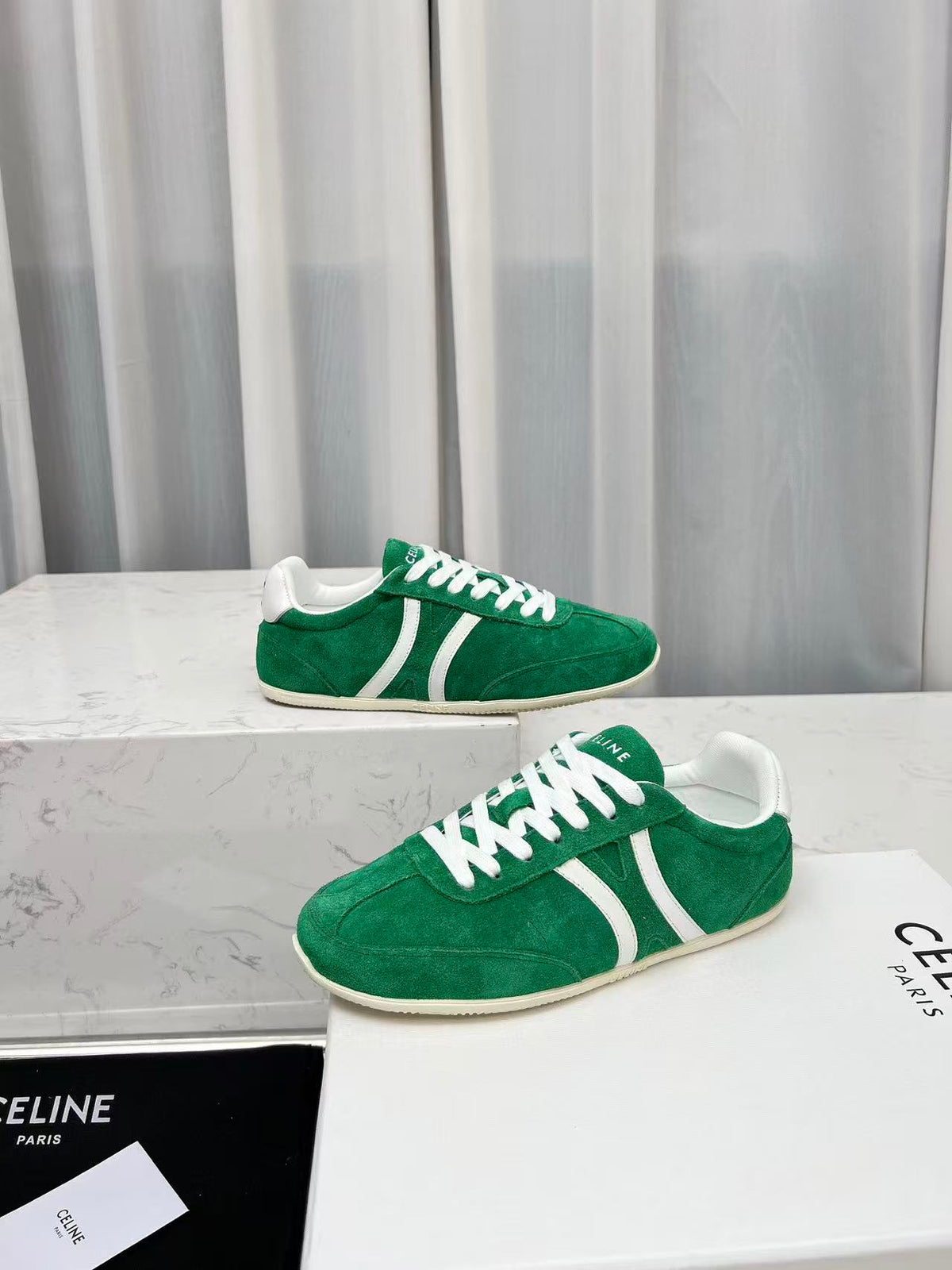 CELINE Jogger Triomphe Low-Top Sneakers in Green Cowhide & Suede