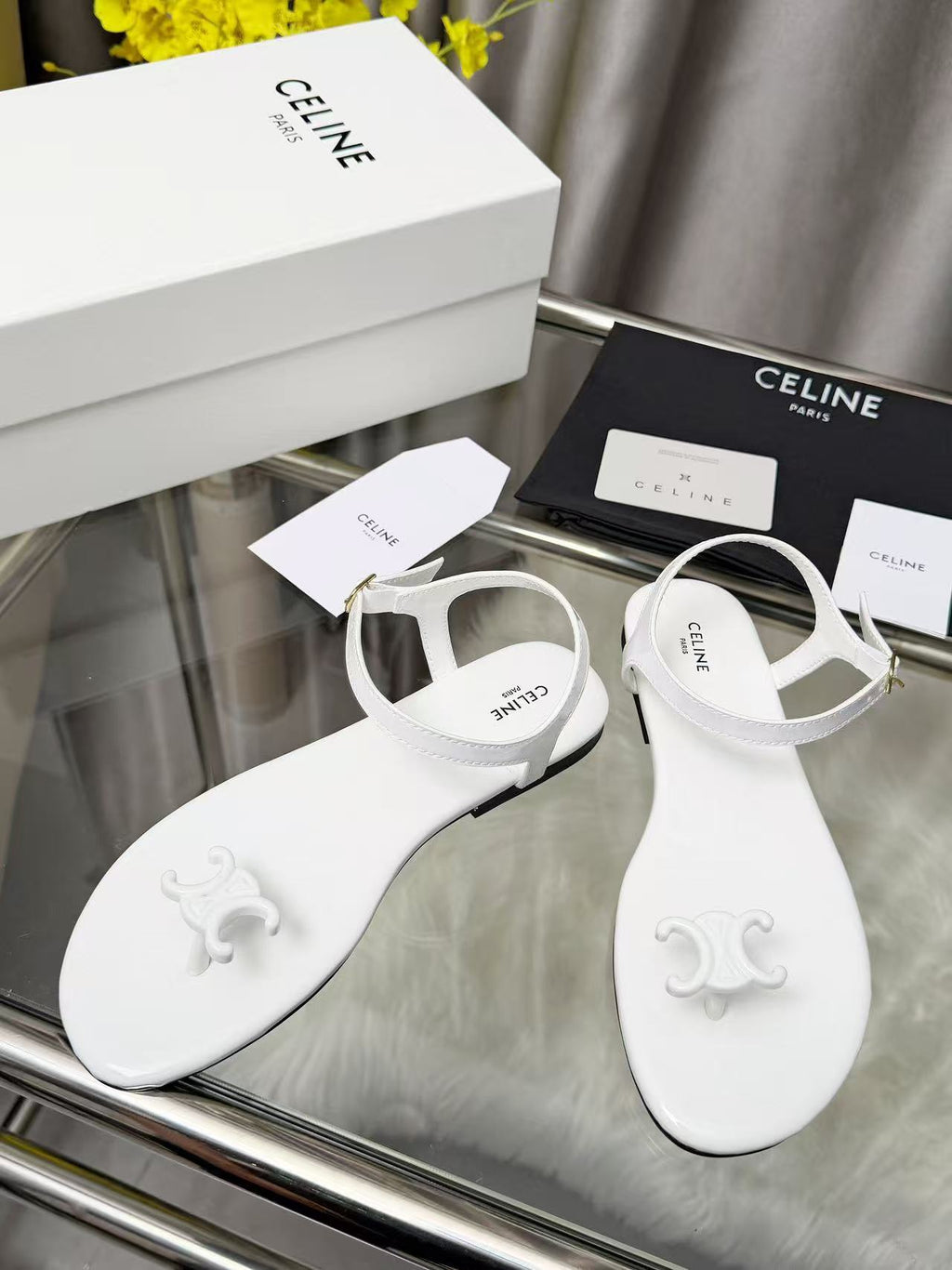 CELINE Triomphe Flat Thong Sandals — White