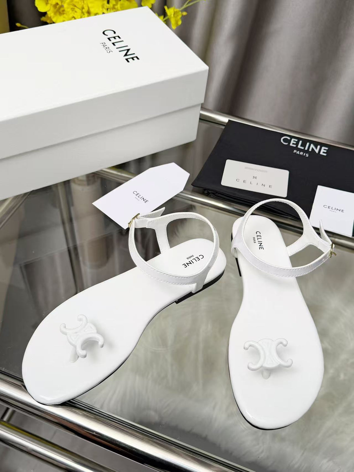 CELINE Triomphe Flat Thong Sandals — White