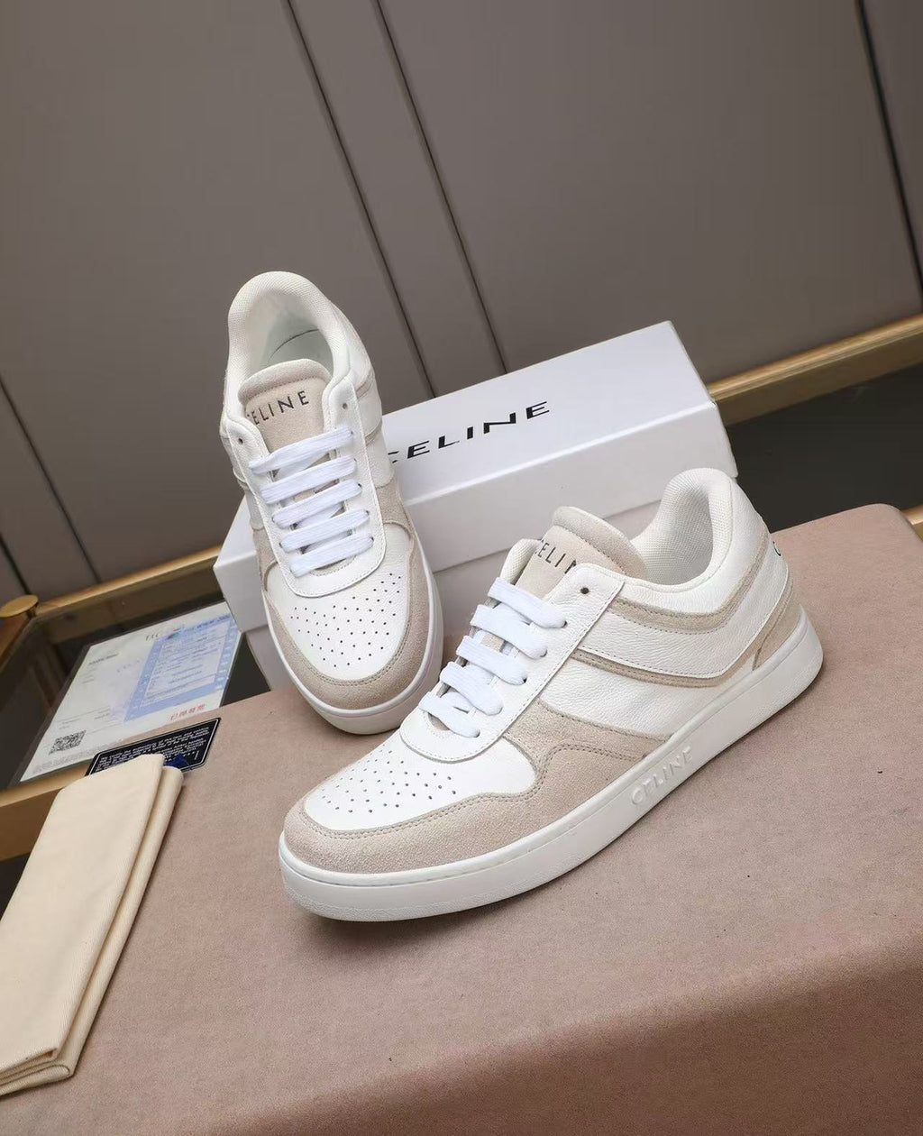 Celine Low-Top Sneakers with Celine Logo Detail — Ecru & White