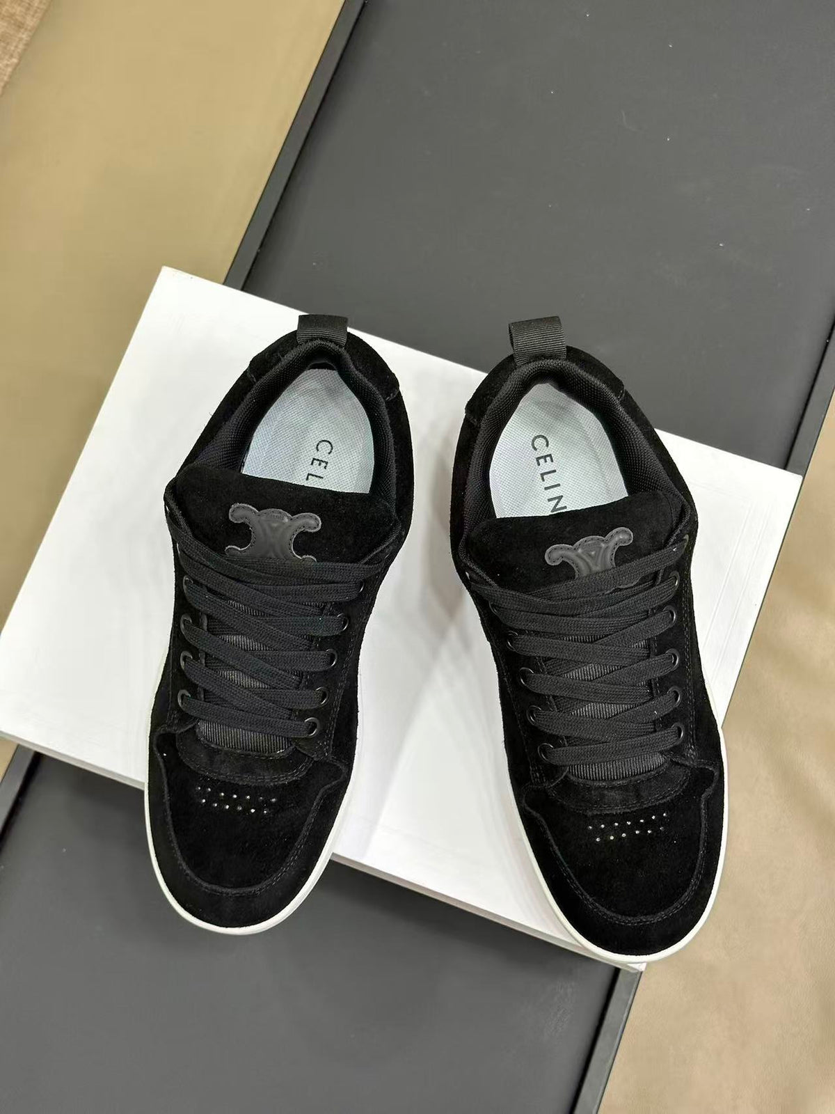 Celine Triomphe Vintage-Style Low-Top Sneakers — Black