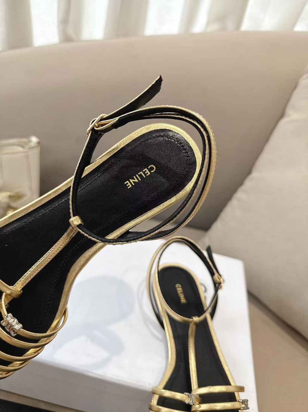 CELINE Cage Hollow Round-Toe Flat Roman Sandals | Gold | EU 36-42