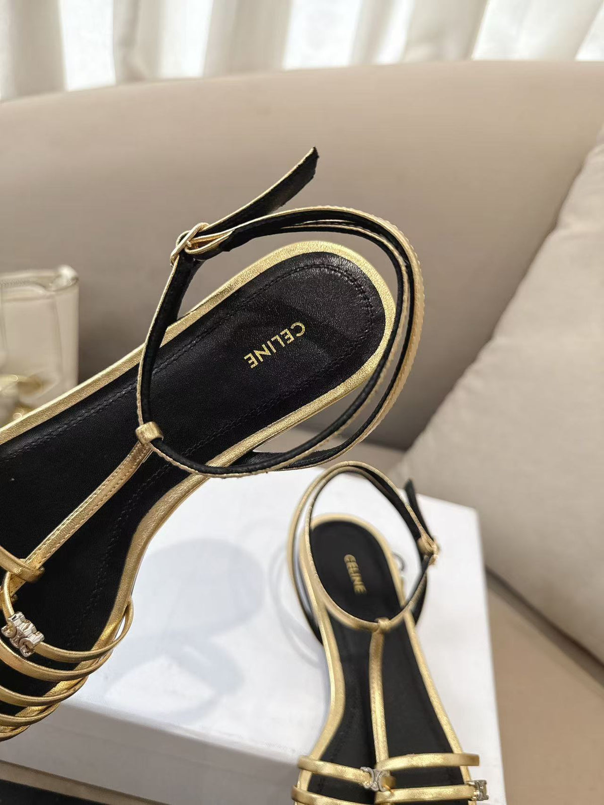 CELINE Cage Hollow Round-Toe Flat Roman Sandals | Gold | EU 36-42