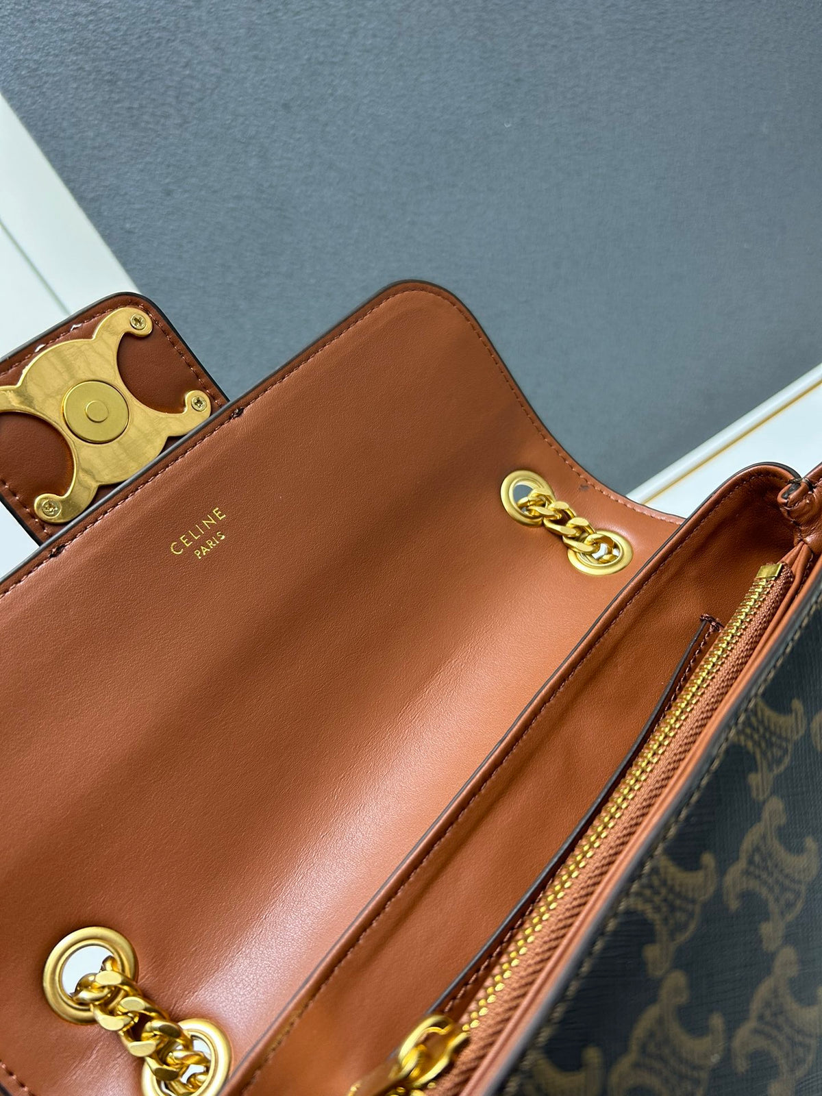 CELINE Triomphe Bag with Metal Logo in Brown