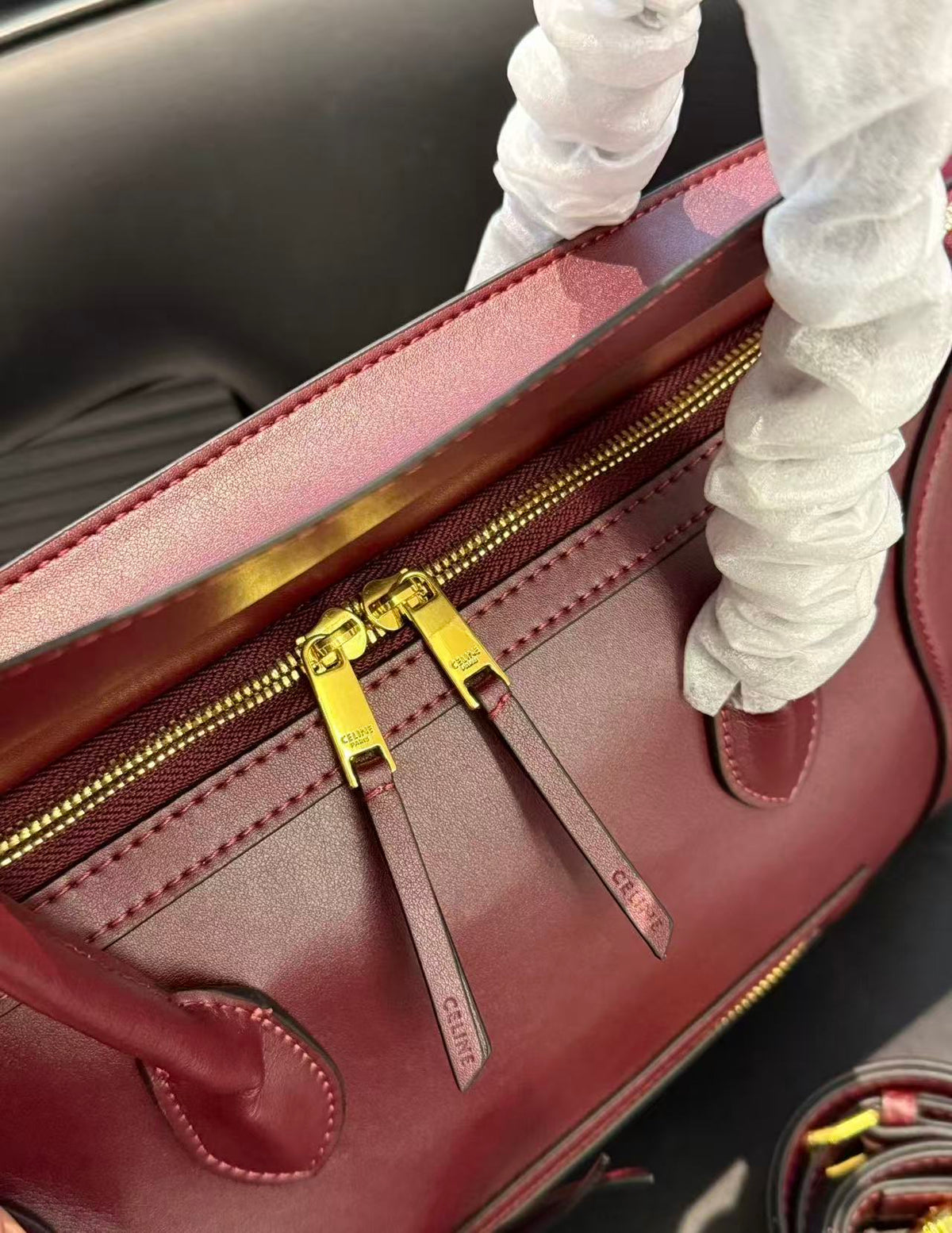CELINE Luggage Bag in Burgundy with Grained Texture