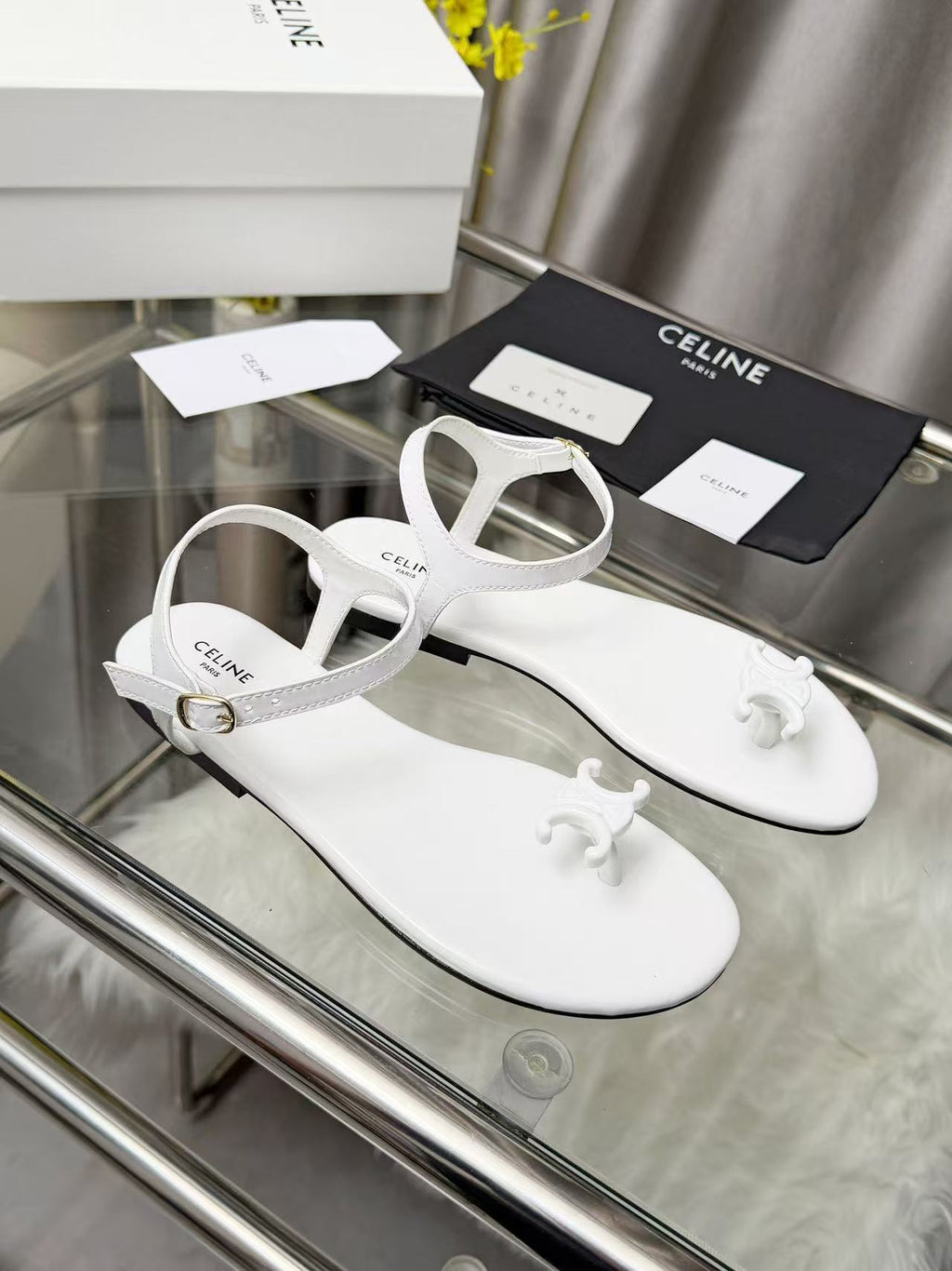CELINE Triomphe Flat Thong Sandals — White