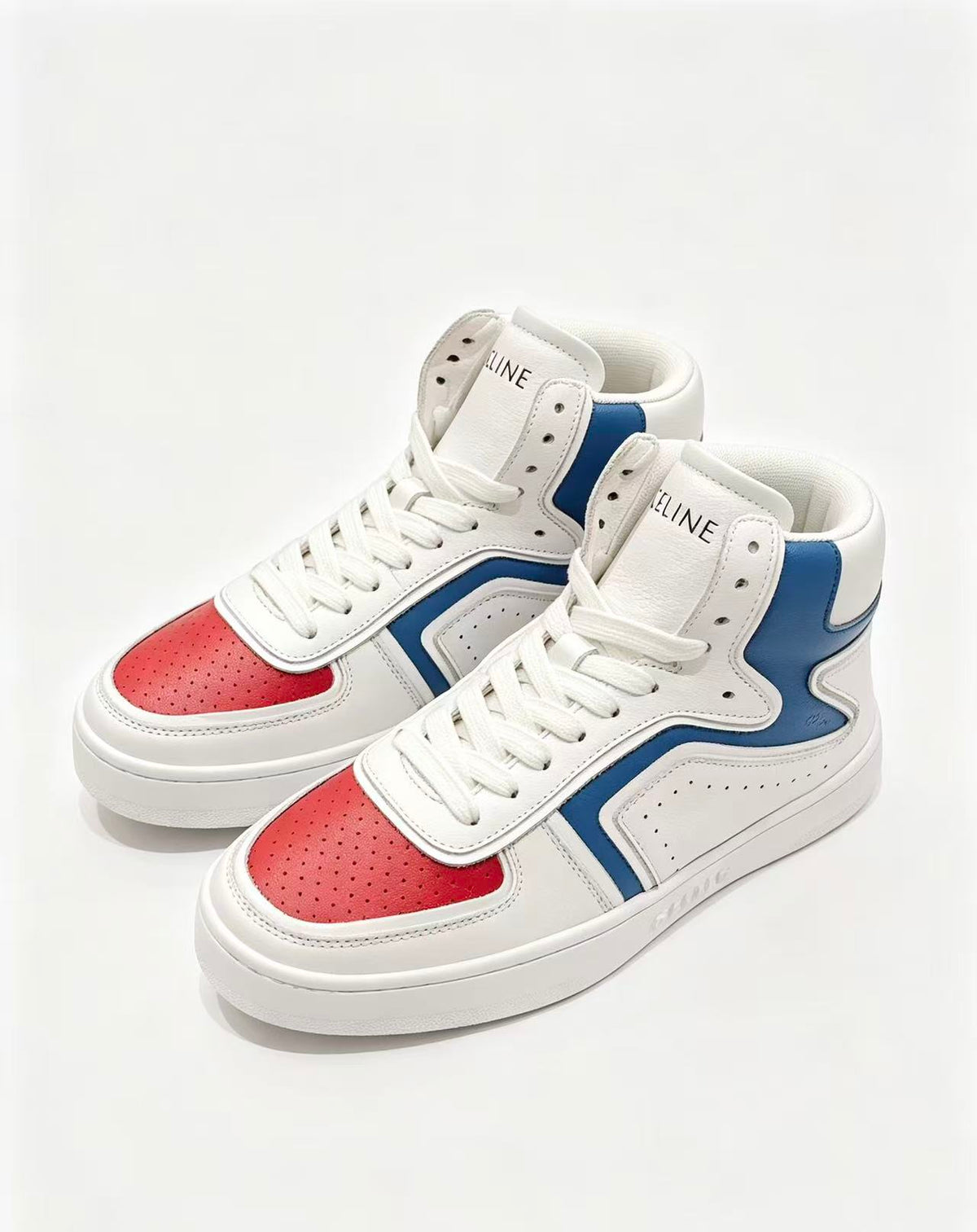 Celine Triomphe Low-Top Sneakers — White with Red & Blue
