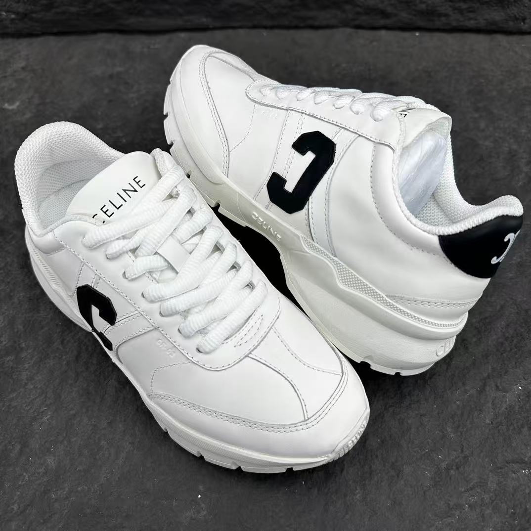 Celine CR-02 Runner Low-Top Lace-Up Sneakers in Calfskin — White with "C" Leather Detail
