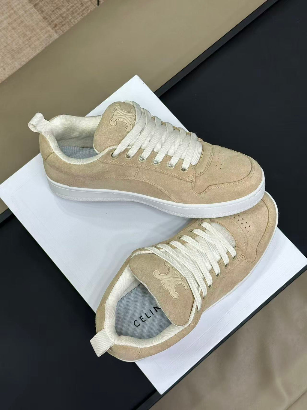 Celine Triomphe Vintage-Style Low-Top Sneakers — Light Brown