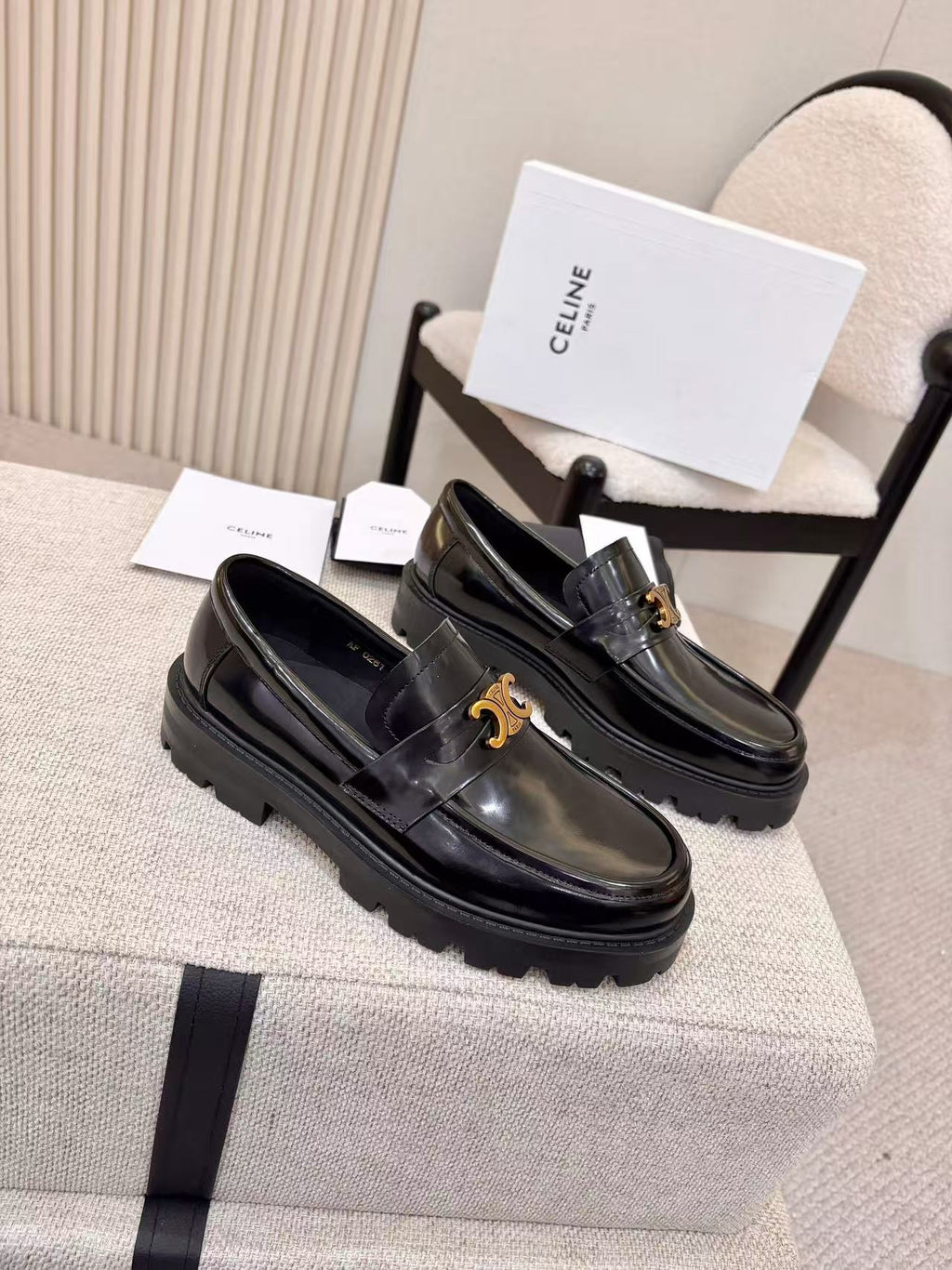 CELINE Triomphe Thick-Sole Loafers — Black