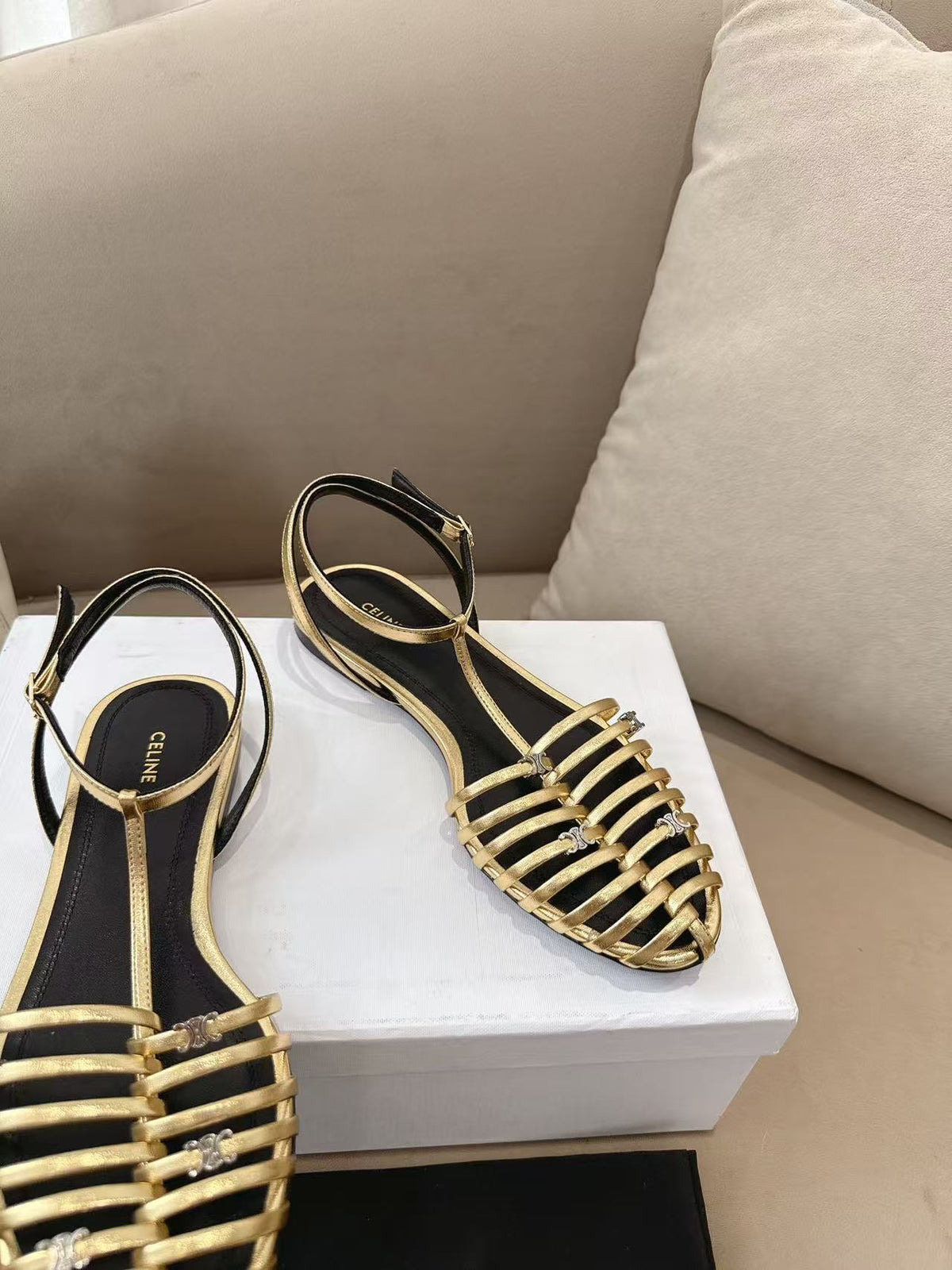 CELINE Cage Hollow Round-Toe Flat Roman Sandals | Gold | EU 36-42