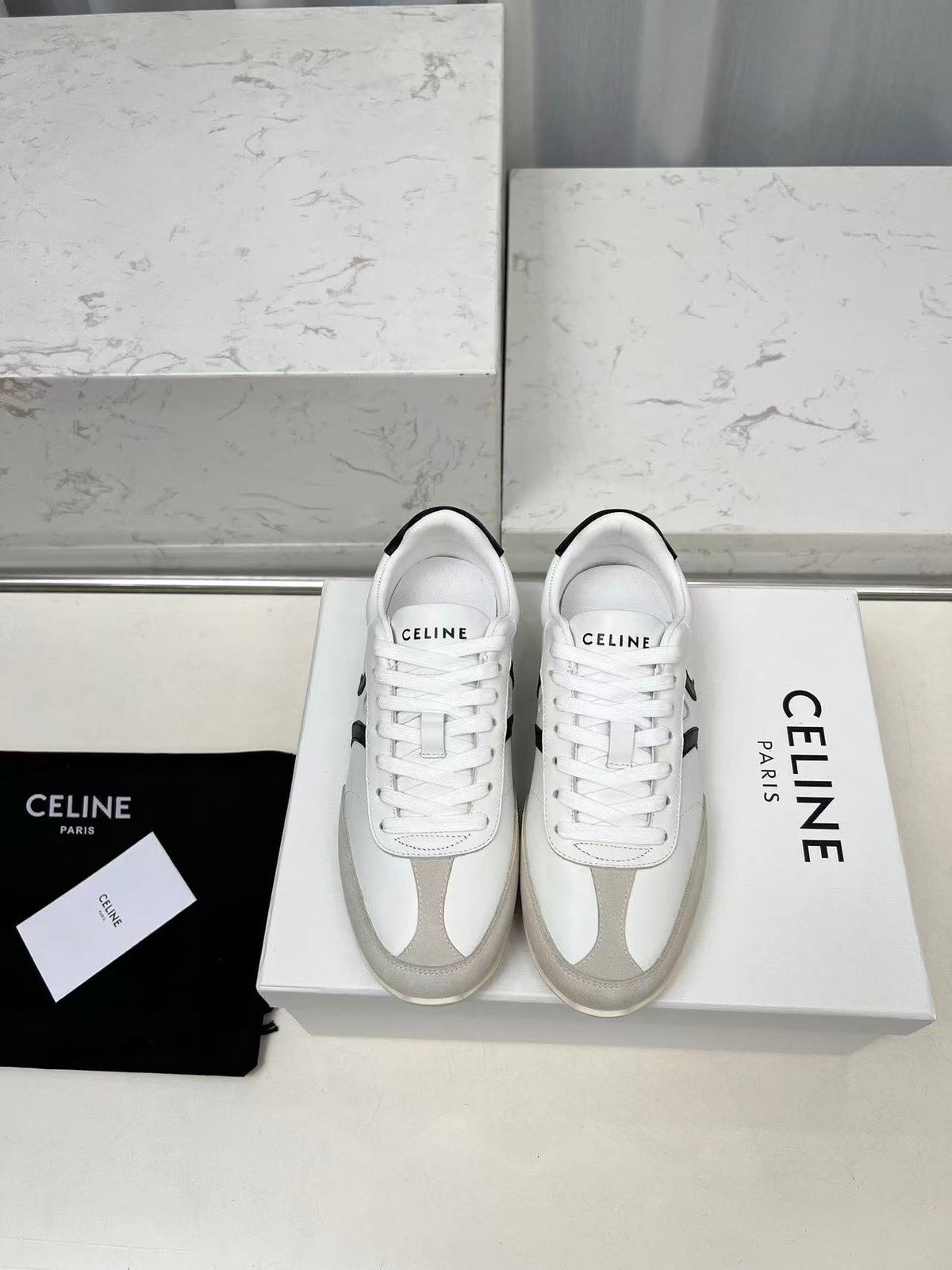 CELINE Jogger Triomphe Low-Top Sneakers in White Cowhide & Suede