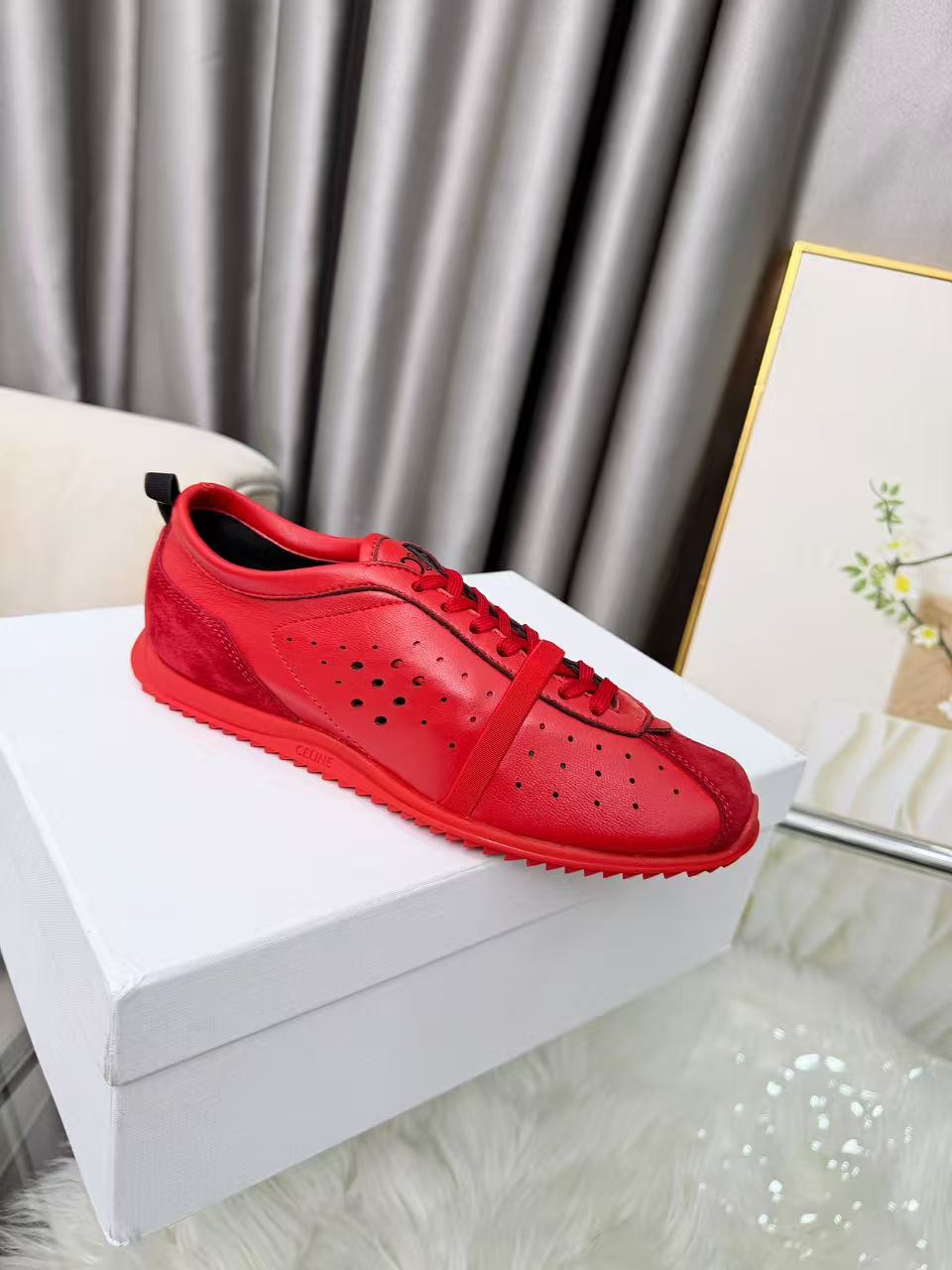 CELINE Women's Calfskin Leather Lace-Up Low-Top Casual Shoes | Red | EU 35-41