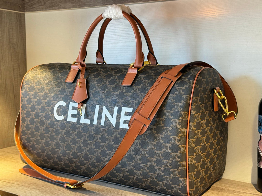 CELINE Triomphe Printed Fabric & Leather Travel Bag in Brown