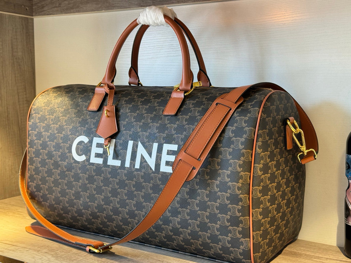 CELINE Triomphe Printed Fabric & Leather Travel Bag in Brown