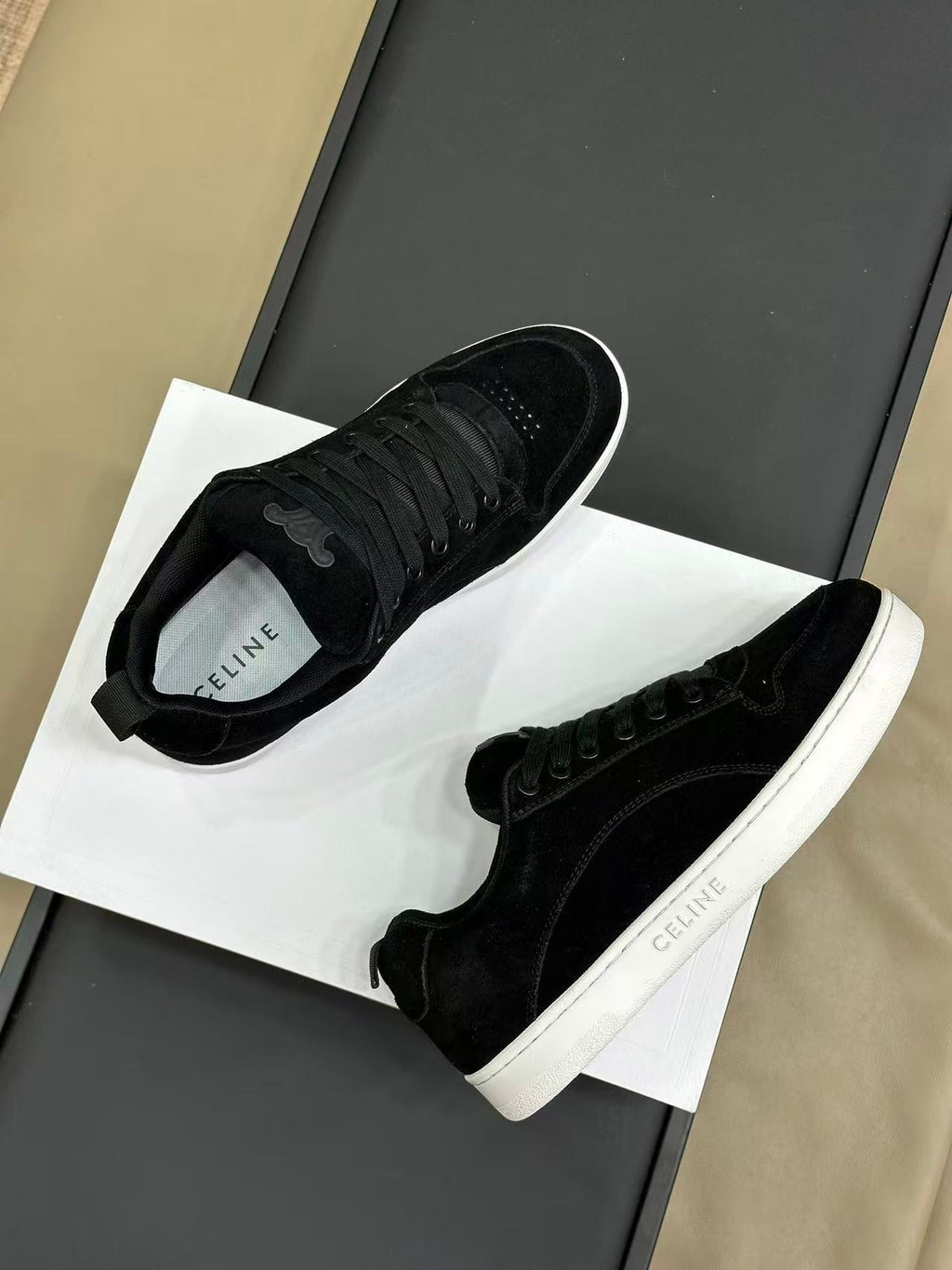 Celine Triomphe Vintage-Style Low-Top Sneakers — Black