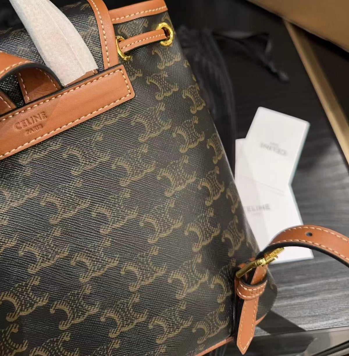 CELINE Folco Logo-Print Flap Bag in Brown