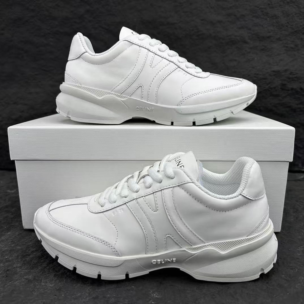 Celine CR-02 Runner Low-Top Lace-Up Sneakers in Calfskin — White with Oversized Celine Logo