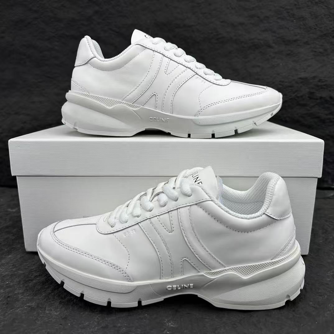Celine CR-02 Runner Low-Top Lace-Up Sneakers in Calfskin — White with Oversized Celine Logo