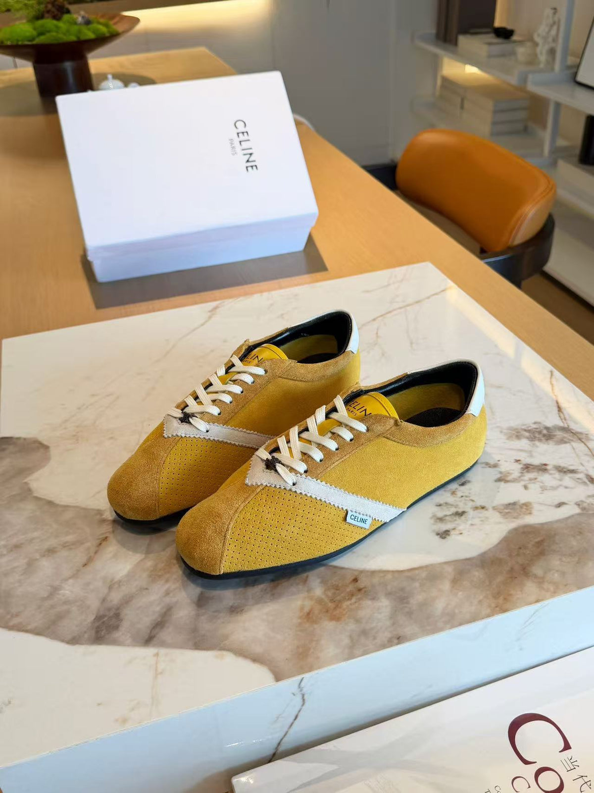 CELINE THE FLAT Women's Suede Calfskin Lace-Up Low-Top Casual Shoes | Yellow & White | EU 35-41