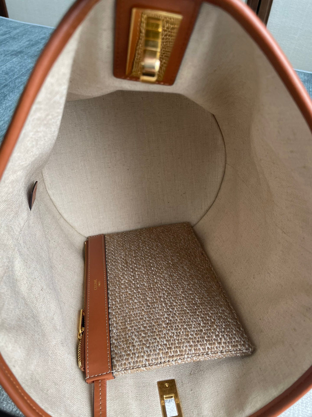 CELINE Bucket 16 Bag in Beige Textile with Smooth Calfskin Trim