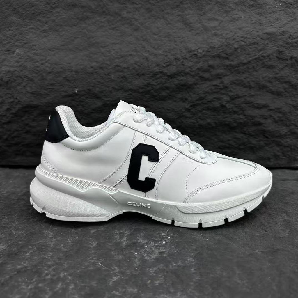 Celine CR-02 Runner Low-Top Lace-Up Sneakers in Calfskin — White with "C" Leather Detail