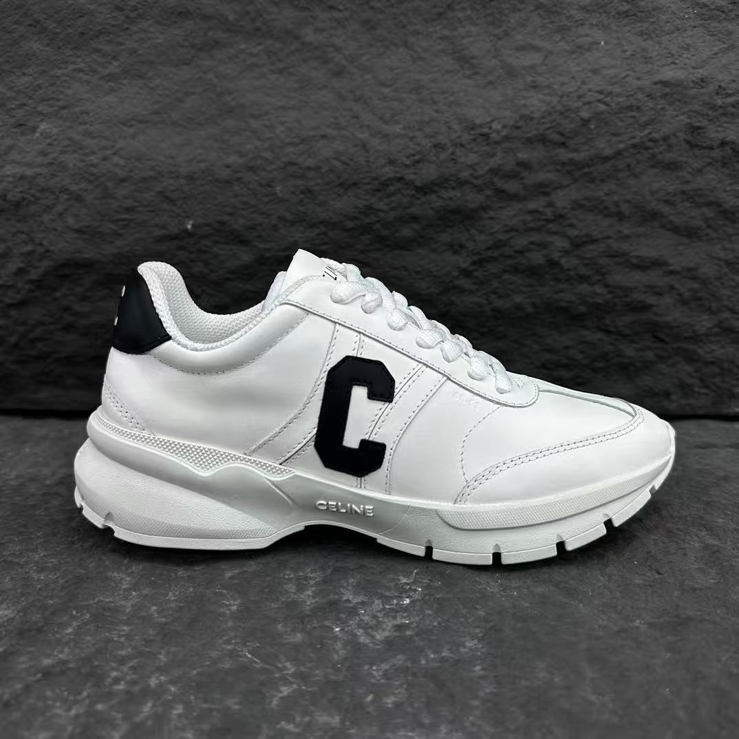 Celine CR-02 Runner Low-Top Lace-Up Sneakers in Calfskin — White with "C" Leather Detail