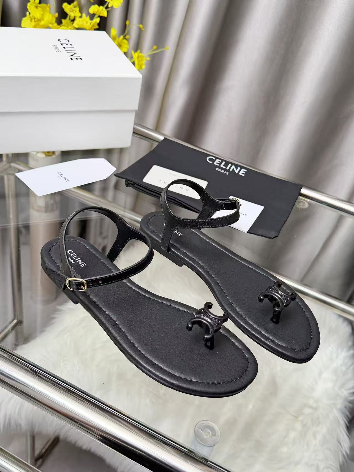 CELINE Triomphe Flat Thong Sandals — Black