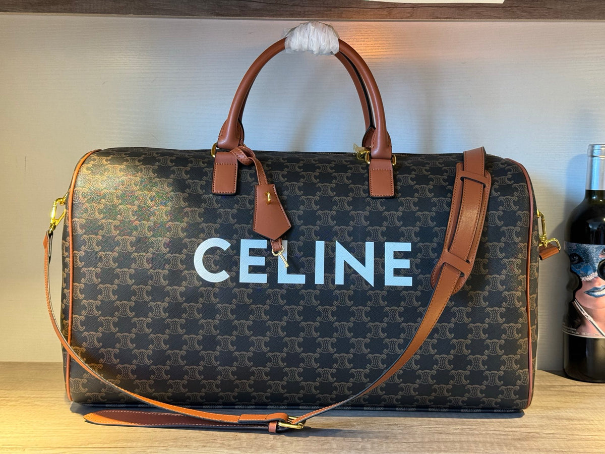 CELINE Triomphe Printed Fabric & Leather Travel Bag in Brown