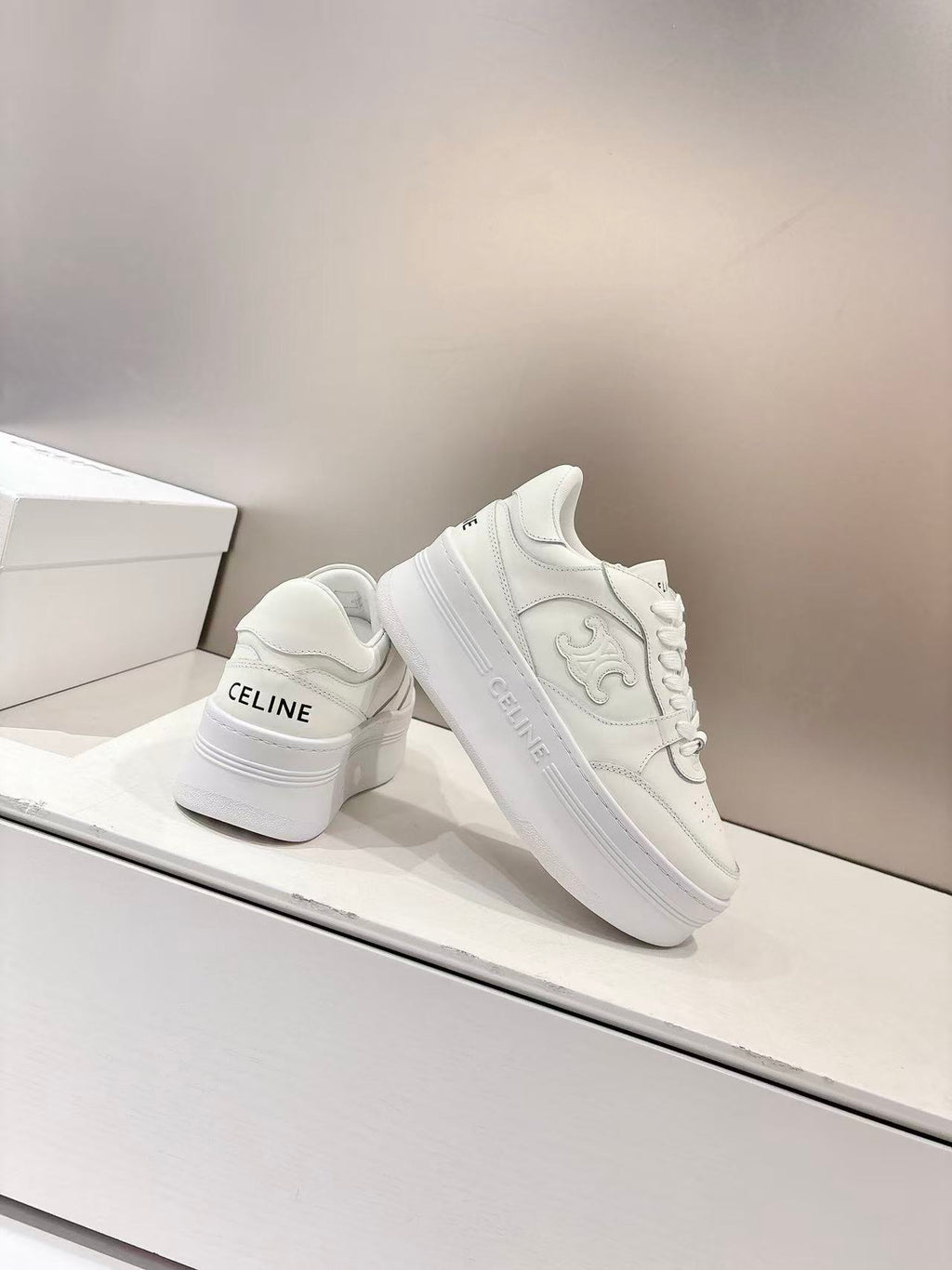 CELINE Triomphe Embellished Wedge Low-Top Sneakers — Women's Optical White