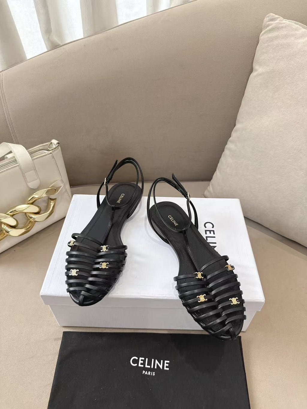CELINE Sheepskin Flat Buckle Roman Sandals | Black | EU 36-42