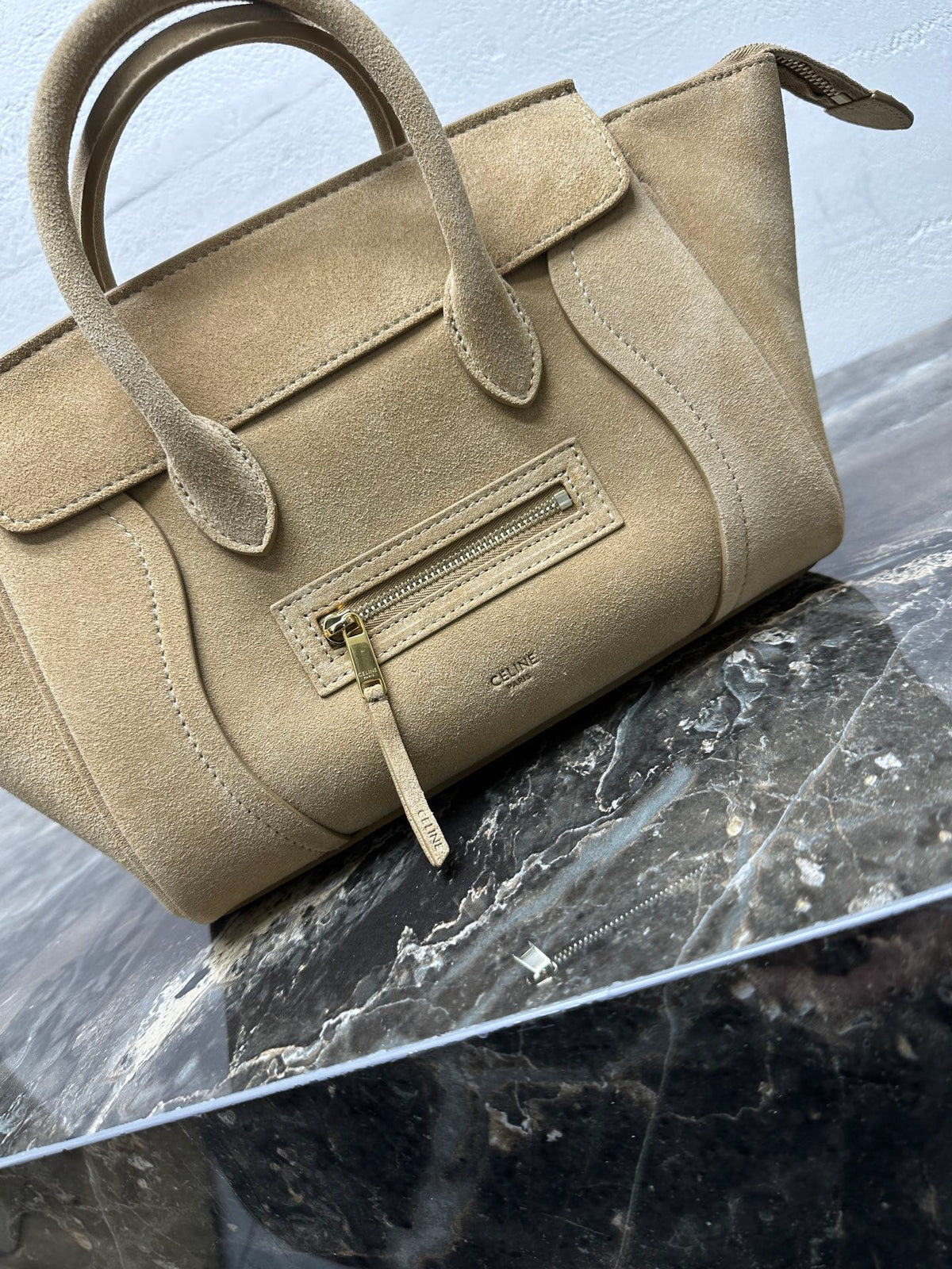 CELINE Small Handbag with Steel Hardware in Beige