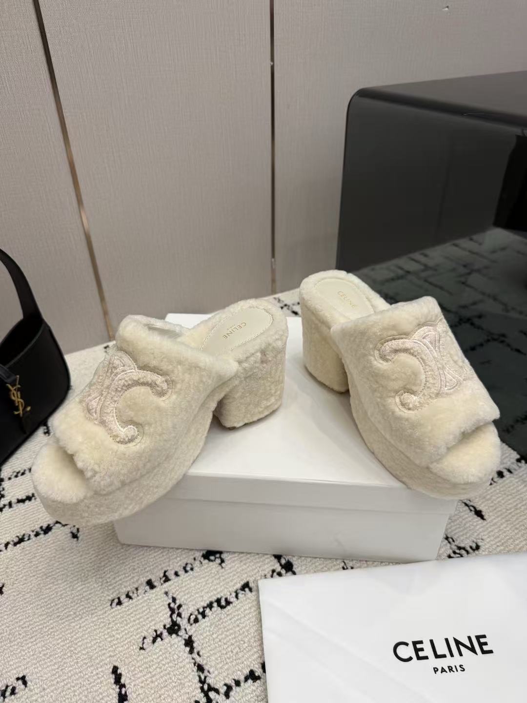CELINE Grand Triomphe Waterproof Platform High Heels with Fur Trim — Beige