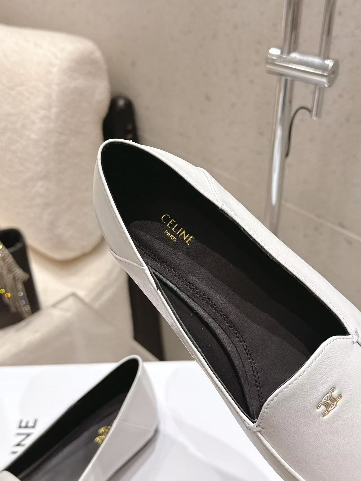 CELINE Triomphe Round-Toe Flat Loafers — White