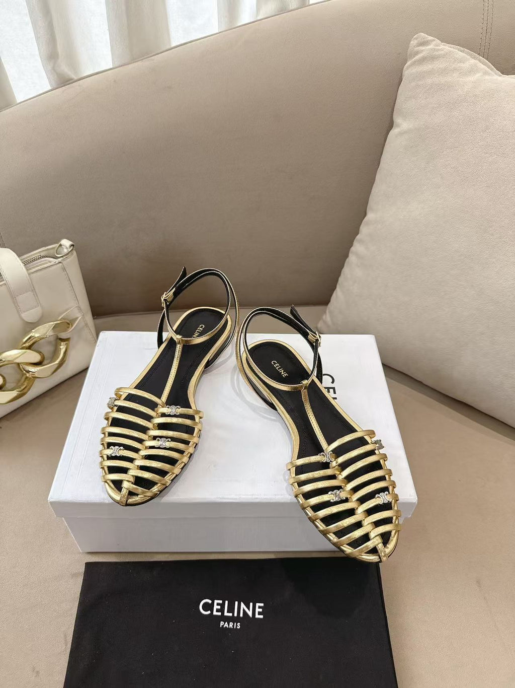 CELINE Cage Hollow Round-Toe Flat Roman Sandals | Gold | EU 36-42