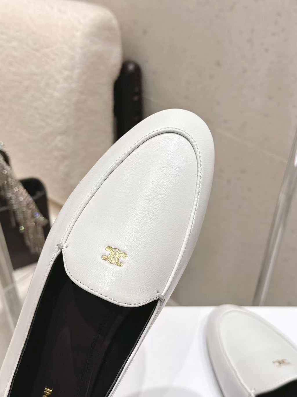 CELINE Triomphe Round-Toe Flat Loafers — White