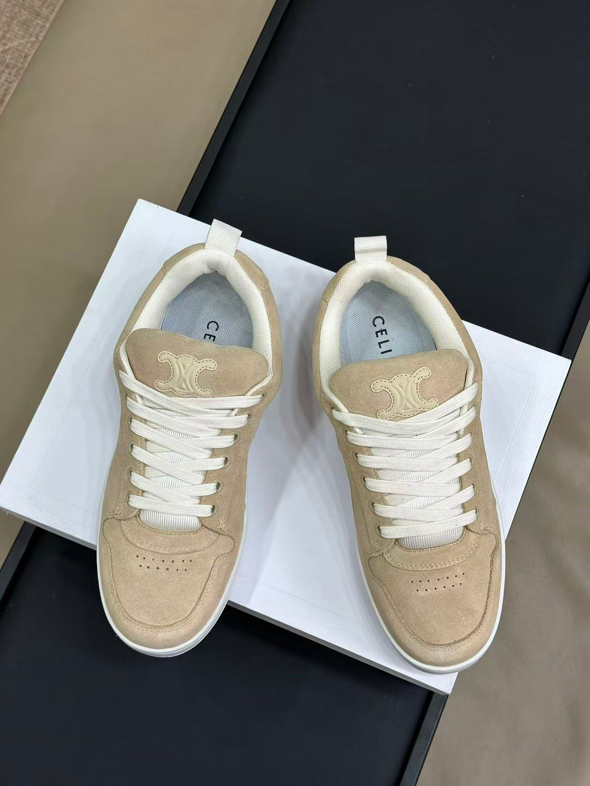 Celine Triomphe Vintage-Style Low-Top Sneakers — Light Brown