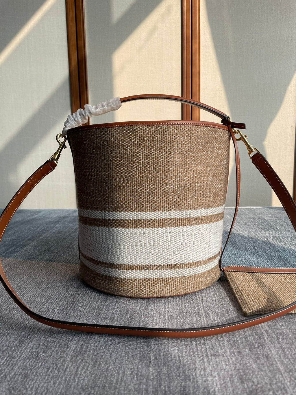 CELINE Bucket 16 Bag in Beige Textile with Smooth Calfskin Trim