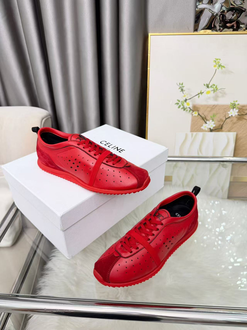 CELINE Women's Calfskin Leather Lace-Up Low-Top Casual Shoes | Red | EU 35-41