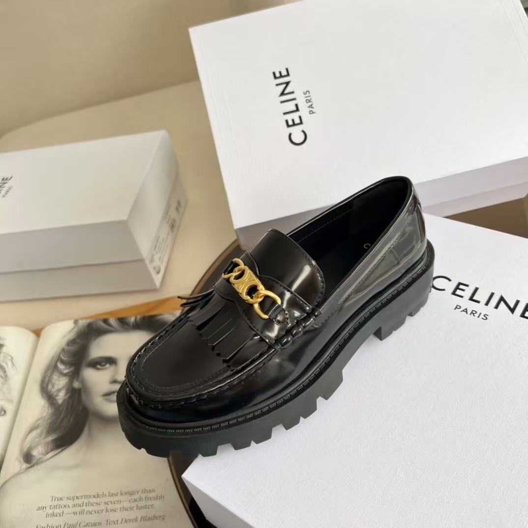 CELINE Chain Tassel Leather Loafers | 3.5cm Heel | Black & Burgundy