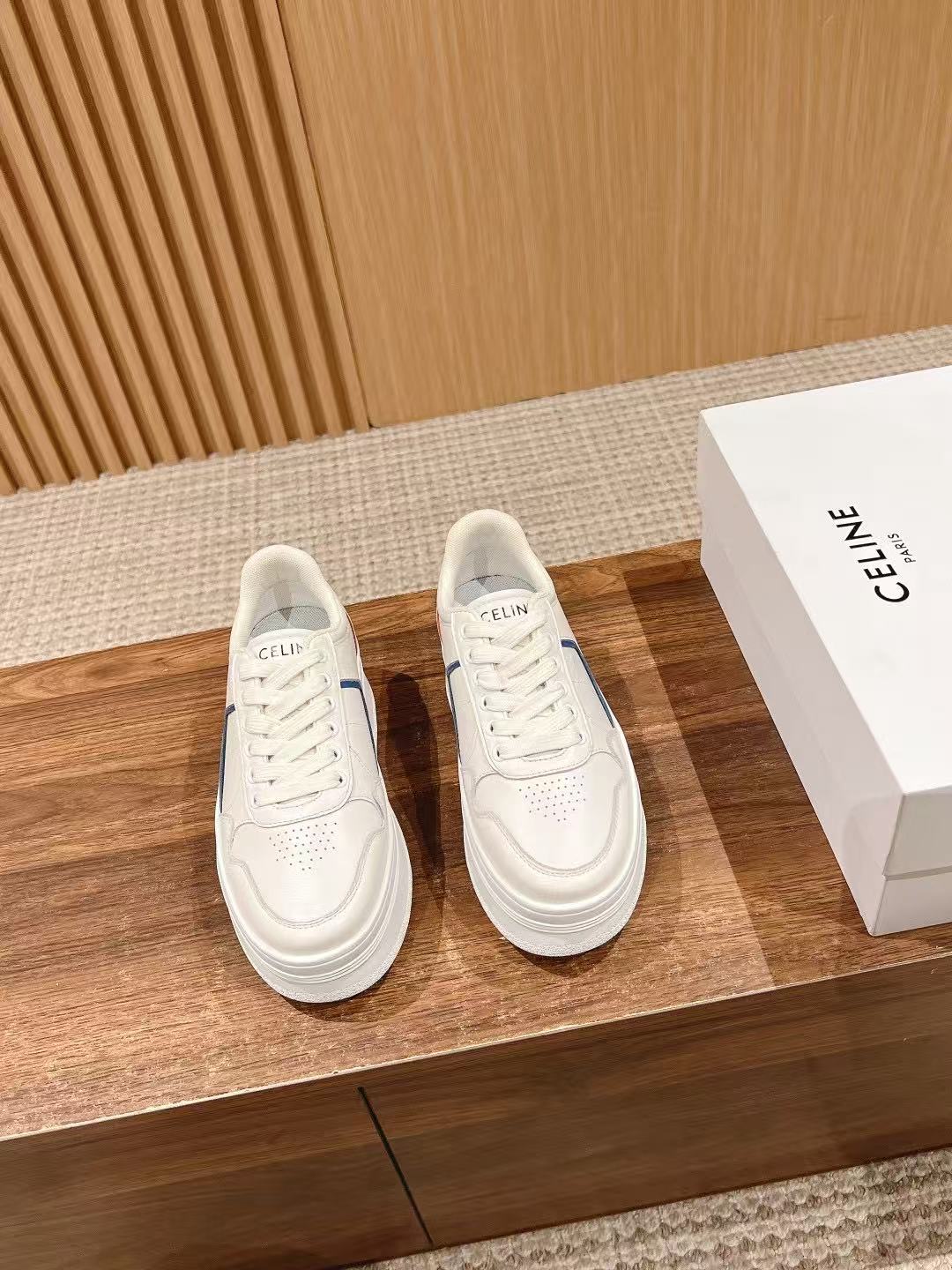 CELINE CT-10 Sneakers — White with Red & Blue Stripe