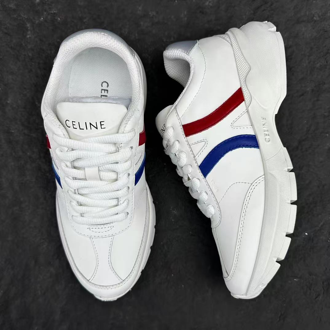 Celine CR-02 Runner Low-Top Lace-Up Sneakers in Calfskin — Red & Blue Stripe