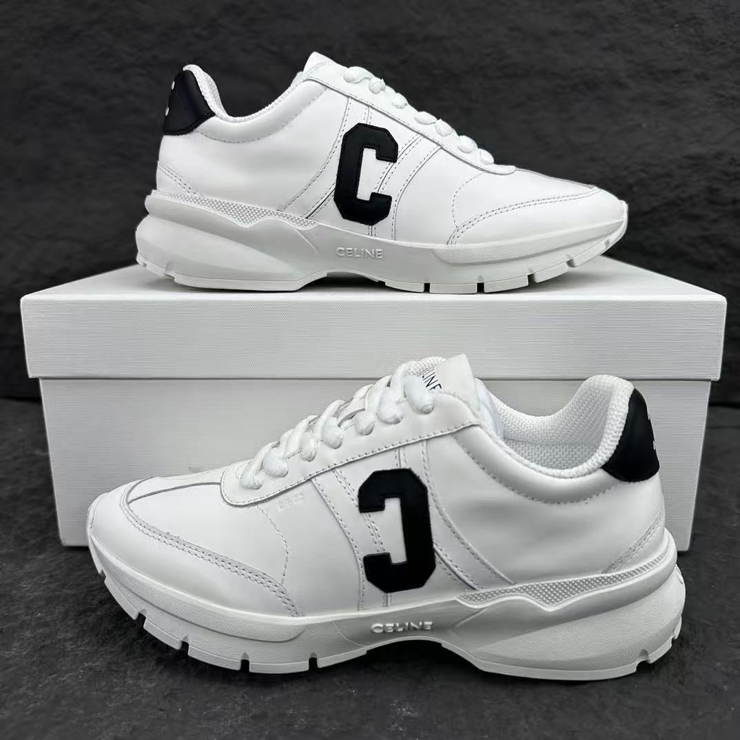 Celine CR-02 Runner Low-Top Lace-Up Sneakers in Calfskin — White with "C" Leather Detail